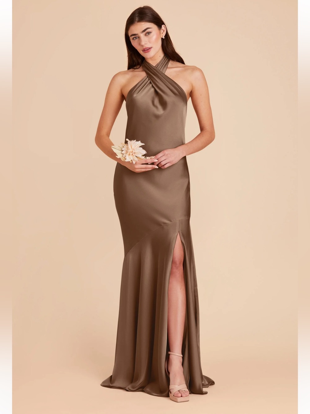 Birdy Grey Matte Satin Mocha Halter-Neck Evening Gown with Front Slit